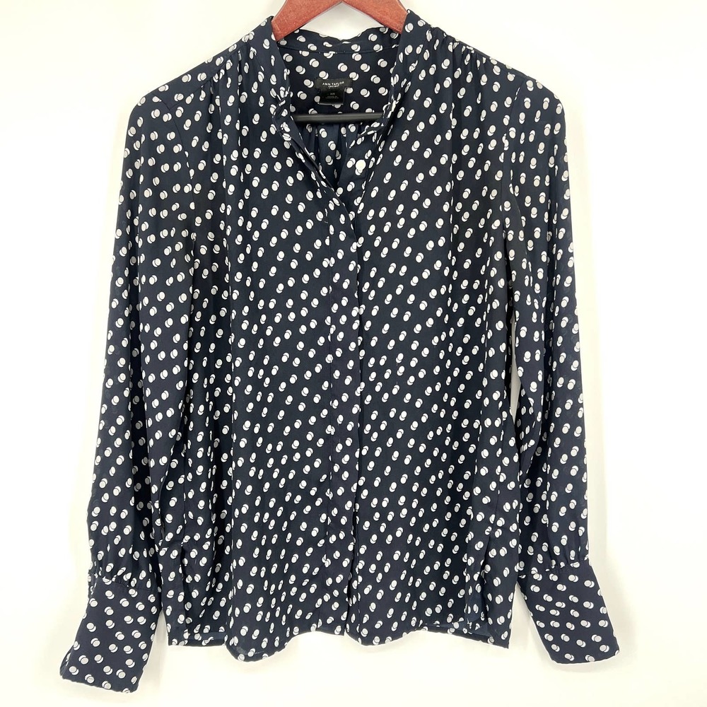 Ann Taylor Womens Size XS Extra Small Navy Blue Polka Dot Blouse Shirt Top - Picture 1 of 5